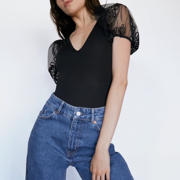 Zara embroidery sheer balloon sleeves bodysuit - Picture 5 of 9